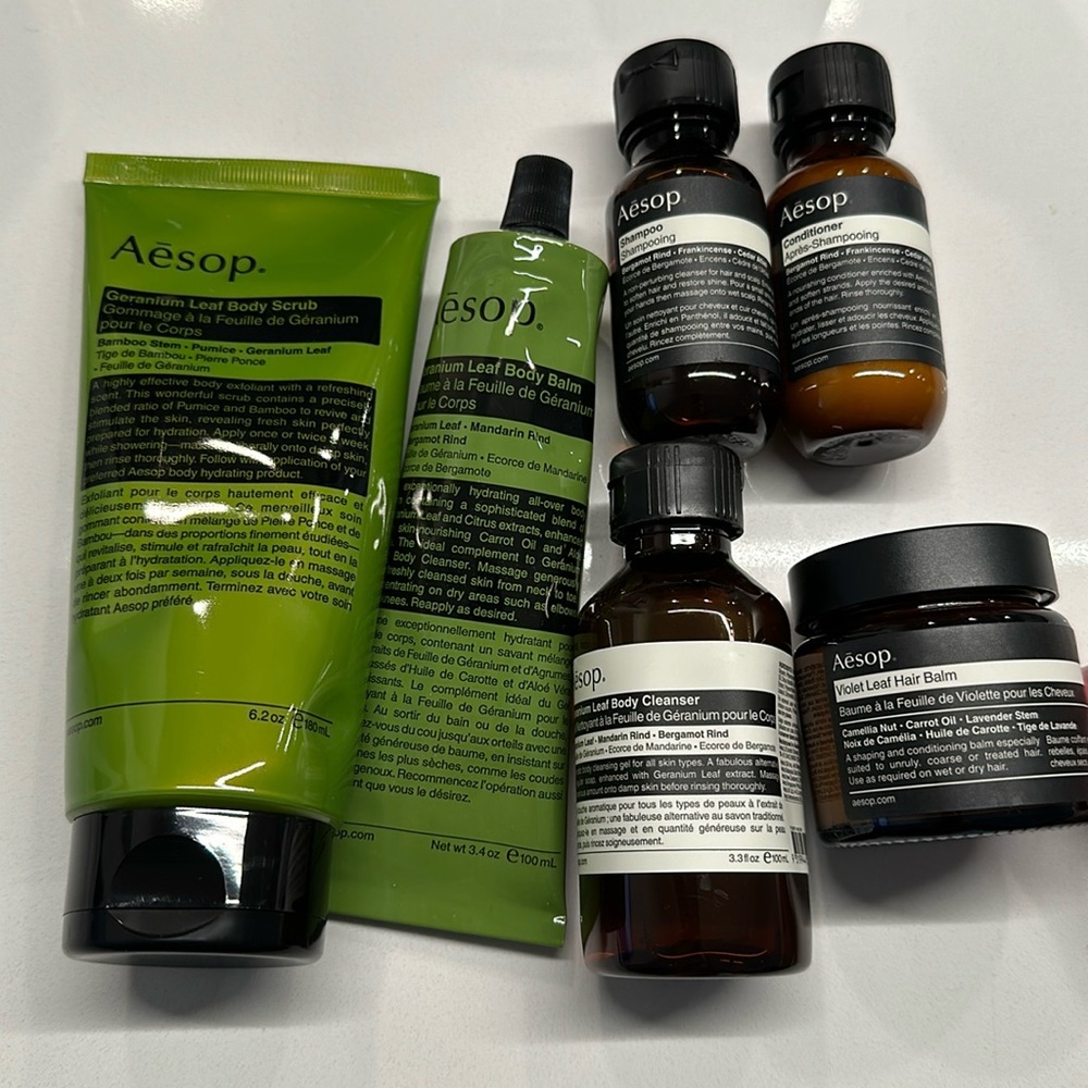 Aesop Body Cleanser, Scrub, Balm, Travel Shampoo, Conditioner, & Hair Balm